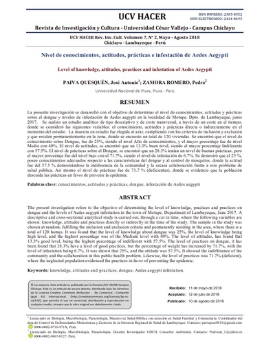 Nivel de conocimientos, actitudes, prácticas e infestación de Aedes Aegypti