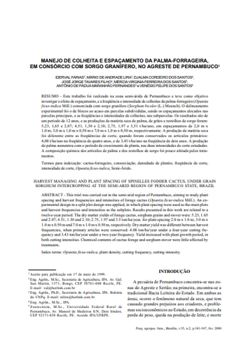Manejo de colheita e espaçamento da palma-forrageira, em consórcio com sorgo granífero, no Agreste de Pernambuco