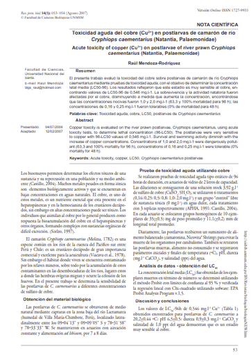 Toxicidad aguda del cobre (Cu 2+ ) en postlarvas de camarón de río Cryphiops caementarius