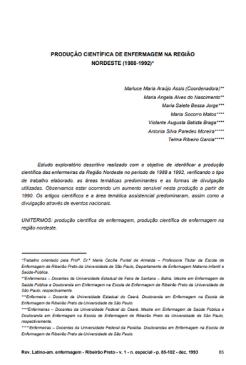 Produção científica de enfermagem na região nordeste (1988-1992)