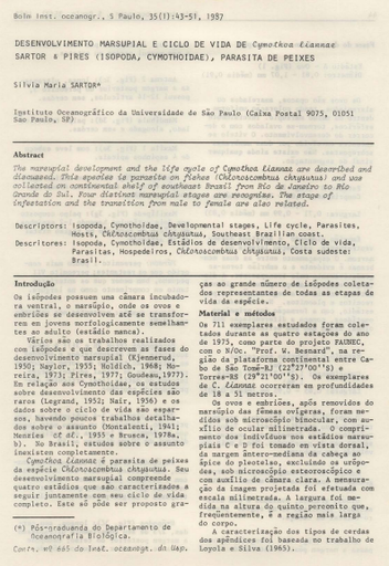 Desenvolvimento marsupial e ciclo de vida de Cymothoa liannae Sartor &amp; Pires (Isopoda, Cymothoidae), parasita de peixes