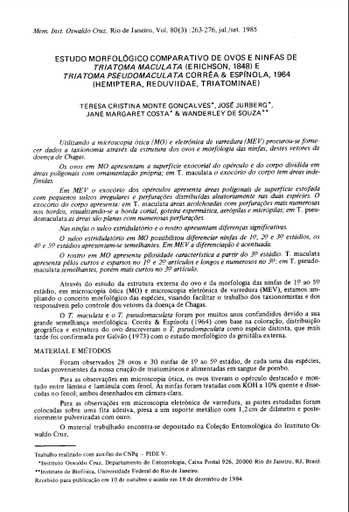 Estudo morfológico comparativo de ovos e ninfas de Triatoma maculata (Erichson, 1848) e Triatoma pseudomaculata Corrêa &amp; Espínola, 1964 (Hemiptera, Reduviidae, Triatominae)