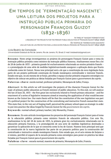 Em tempos de ‘fermentação nascente’: uma leitura dos projetos para a instrução pública primária do personagem François Guizot (1832-1836)