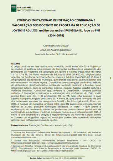 POLÍTICAS EDUCACIONAIS DE FORMAÇÃO CONTINUADA E VALORIZAÇÃO DOS DOCENTES DO PROGRAMA DE EDUCAÇÃO DE JOVENS E ADULTOS: análise das ações SME/GEJA-RJ, face ao PNE (2014-2018)