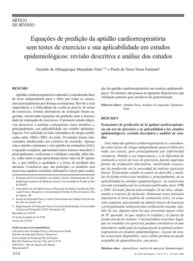 Equações de predição da aptidão cardiorrespiratória sem testes de exercício e sua aplicabilidade em estudos epidemiológicos: revisão descritiva e análise dos estudos