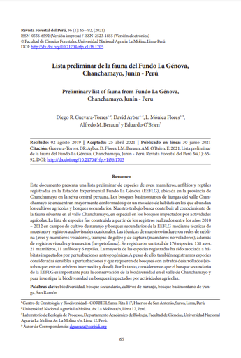Lista preliminar de la fauna del Fundo La Génova, Chanchamayo, Junín - Perú