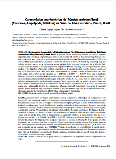 Características morfométricas de Talitroides topitotum (Burt) (Crustacea, Amphipoda, Talitridae) na Serra do Mar, Guaratuba, Paraná, BrasilCaracterísticas morfométricas de Talitroides topitotum (Burt) (Crustacea, Amphipoda, Talitridae) na Serra do Mar, Guaratuba, Paraná, Brasil