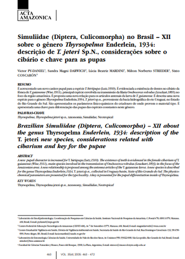 Simuliidae (Diptera, Culicomorpha) no Brasil - XII sobre o gênero Thyrsopelma Enderlein, 1934: descrição de T. jeteri Sp.N., considerações sobre o cibário e chave para as pupas