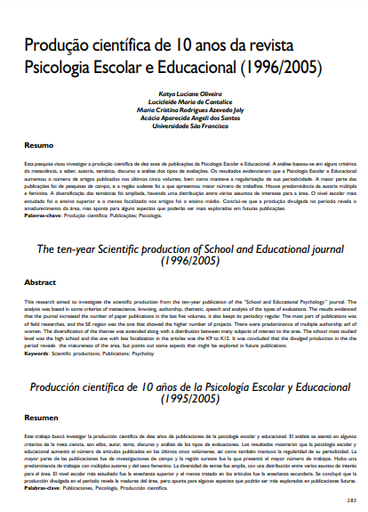 Produção científica de 10 anos da revista Psicologia Escolar e Educacional (1996/2005)