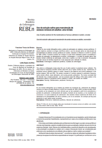 Uso da solução salina para manutenção de acessos venosos em adultos: uma revisão