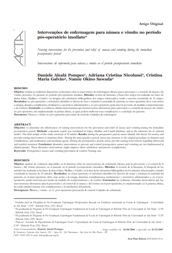 Intervenções de enfermagem para náusea e vômito no período pós-operatório imediato