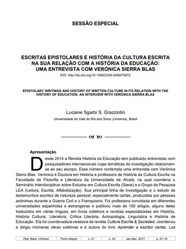 ESCRITAS EPISTOLARES E HISTÓRIA DA CULTURA ESCRITA NA SUA RELAÇÃO COM A HISTÓRIA DA EDUCAÇÃO: UMA ENTREVISTA COM VERÓNICA SIERRA BLAS