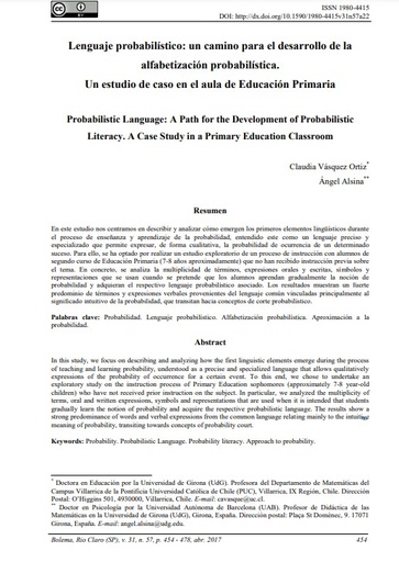 Lenguaje probabilístico: un camino para el desarrollo de la alfabetización probabilística. Un estudio de caso en el aula de Educación Primaria