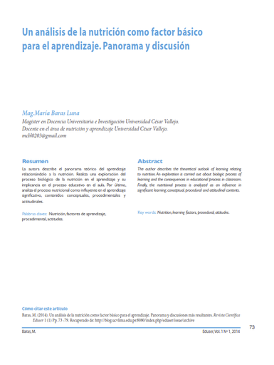Un análisis de la nutrición como factor básico para el aprendizaje. Panorama y discusión