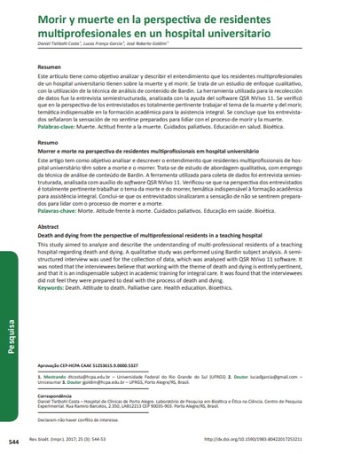 Morrer e morte na perspectiva de residentes multiprofissionais em hospital universitário