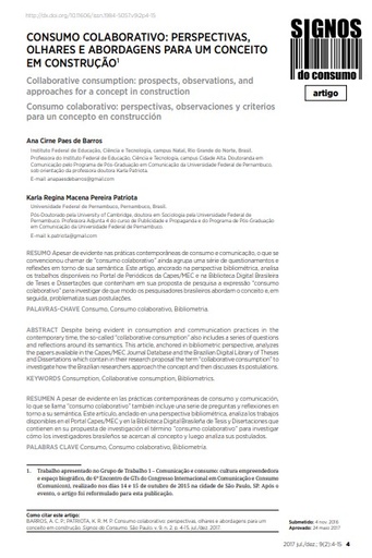 CONSUMO COLABORATIVO: PERSPECTIVAS, OLHARES E ABORDAGENS PARA UM CONCEITO EM CONSTRUÇÃO[1]