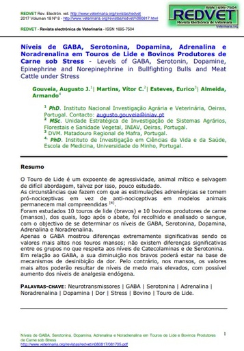 Níveis de GABA, Serotonina, Dopamina, Adrenalina e Noradrenalina em Touros de Lide e Bovinos Produtores de Carne sob Stress