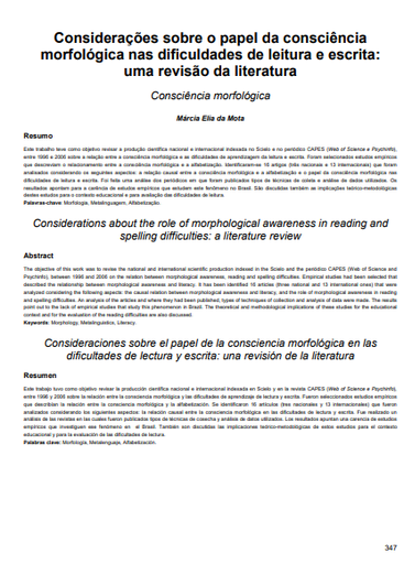 Considerações sobre o papel da consciência morfológica nas dificuldades de leitura e escrita: uma revisão da literatura