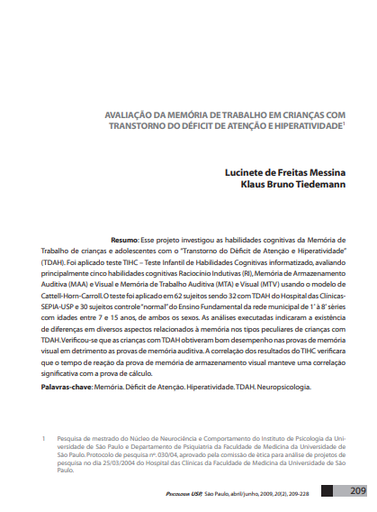 Avaliação da memória de trabalho em crianças com transtorno do déficit de atenção e hiperatividade