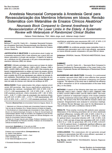 Anestesia neuroaxial comparada à anestesia geral para revascularização dos membros inferiores em idosos: revisão sistemática com metanálise de ensaios clínicos aleatórios