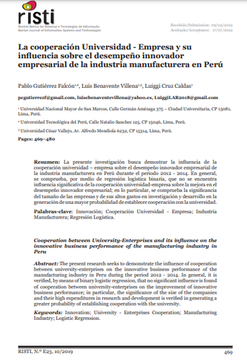 La cooperación universidad - empresa y su influencia sobre el desempeño innovador empresarial de la industria manufacturera