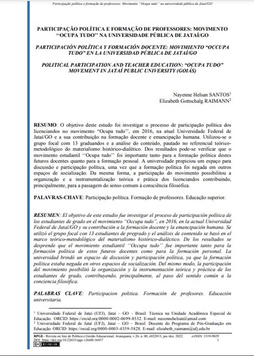 Participação política e formação de professores: movimento ‘‘Ocupa tudo’’ na universidade pública de Jataí/GO