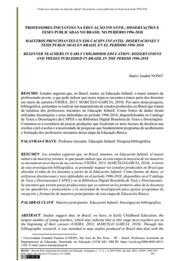 PROFESSORES INICIANTES NA EDUCAÇÃO INFANTIL: DISSERTAÇÕES E TESES PUBLICADAS NO BRASIL NO PERÍODO 1996-2018