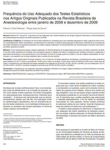 Frequência do uso adequado dos testes estatísticos nos artigos originais publicados na Revista Brasileira de Anestesiologia entre janeiro de 2008 e dezembro de 2009