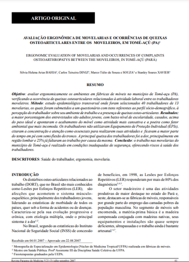 Avaliação ergonômica de movelarias e ocorrências de queixas osteoarticulares entre os moveleiros, em Tomé-açú (PA)