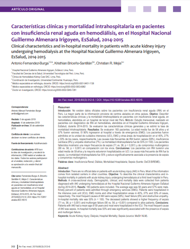 Características clínicas y mortalidad intrahospitalaria en pacientes con insuficiencia renal aguda en hemodiálisis 2014-2015