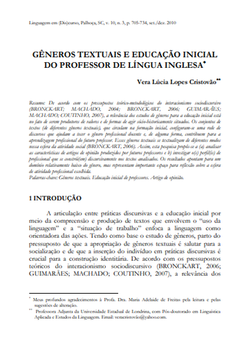 Gêneros textuais e educação inicial do professor de língua inglesa