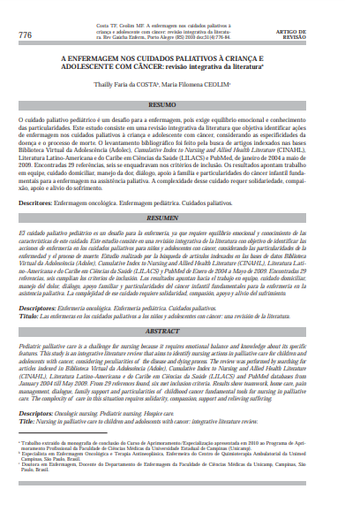 A enfermagem nos cuidados paliativos à criança e adolescente com câncer: revisão integrativa da literatura