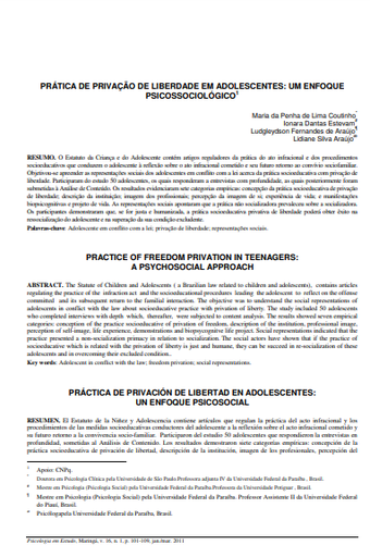 Prática de privação de liberdade em adolescentes: um enfoque psicossociológico