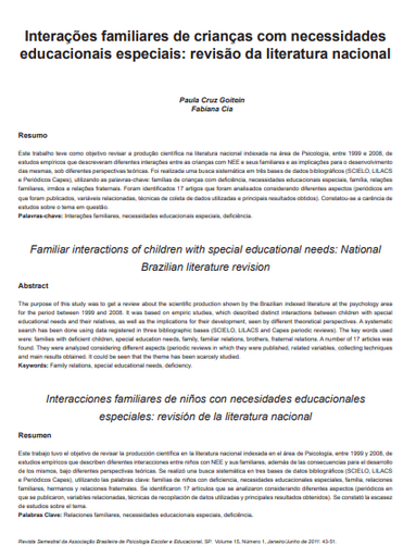 Interações familiares de crianças com necessidades educacionais especiais: revisão da literatura nacional