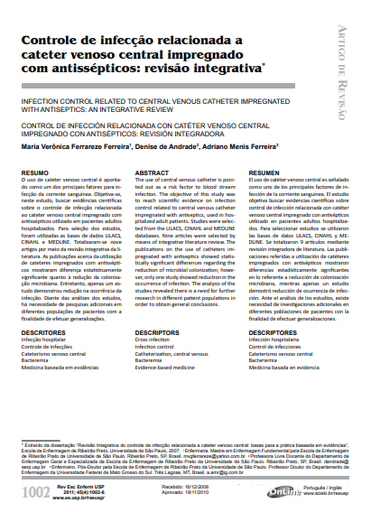 Controle de infecção relacionada a cateter venoso central impregnado com antissépticos: revisão integrativa