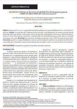 Estudo in vitro da ação letal da hemolinfa de Biomphalaria glabrata sobre os miracídios de Schistosoma mansoni