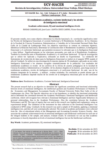 El rendimiento académico, cociente intelectual y los niveles de inteligencia emocional Autores/as