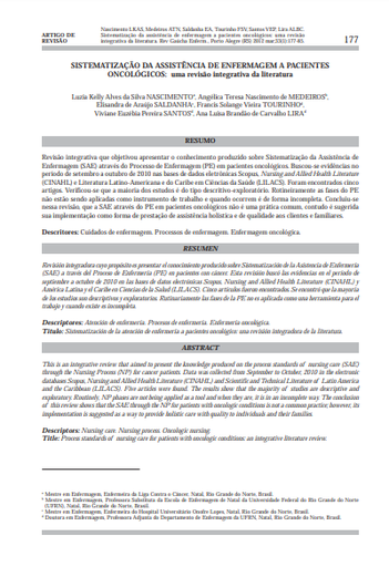 Sistematização da assistência de enfermagem a pacientes oncológicos: uma revisão integrativa da literatura
