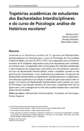 Trajetórias acadêmicas de estudantes dos Bacharelados Interdisciplinares e do curso de Psicologia: análise de históricos escolares