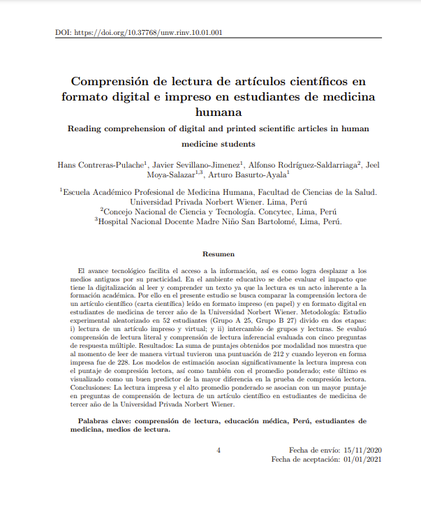 Comprensión de lectura de artículos científicos en formato virtual e impreso en estudiantes de medicina humana