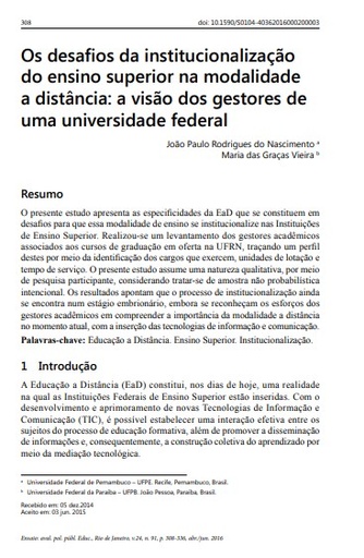 Os desafios da institucionalização do ensino superior na modalidade a distância: a visão dos gestores de uma universidade federal