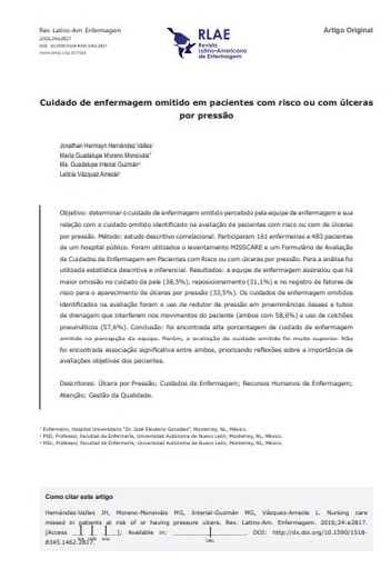 Cuidado de enfermagem omitido em pacientes com risco ou com úlceras por pressão