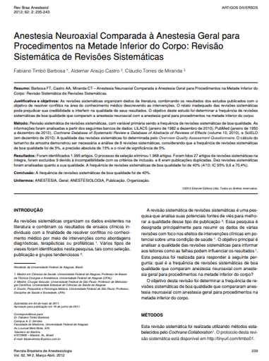 Anestesia neuroaxial comparada à anestesia geral para procedimentos na metade inferior do corpo: revisão sistemática de revisões sistemáticas