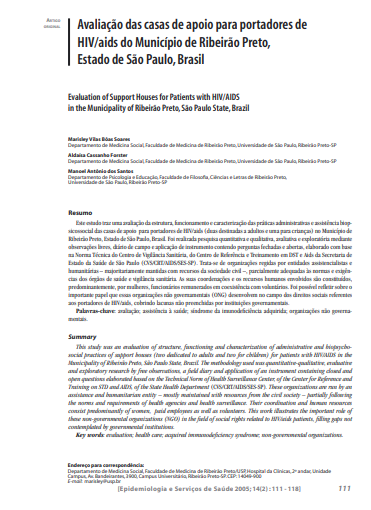 Avaliação das casas de apoio para portadores de HIV/aids do Município de Ribeirão Preto, Estado de São Paulo, Brasil