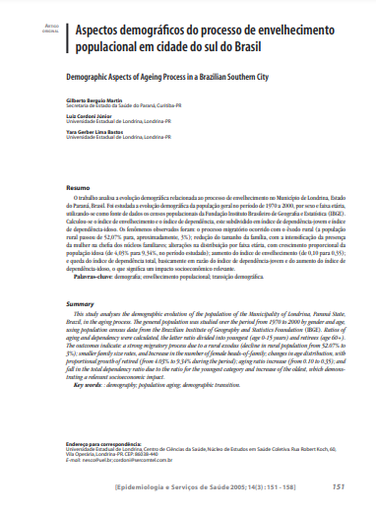 Aspectos demográficos do processo de envelhecimento populacional em cidade do sul do Brasil