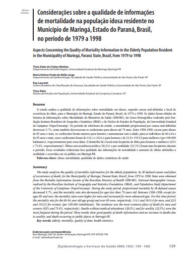 Considerações sobre a qualidade de informações de mortalidade na população idosa residente no Município de Maringá, Estado do Paraná, Brasil, no período de 1979 a 1998