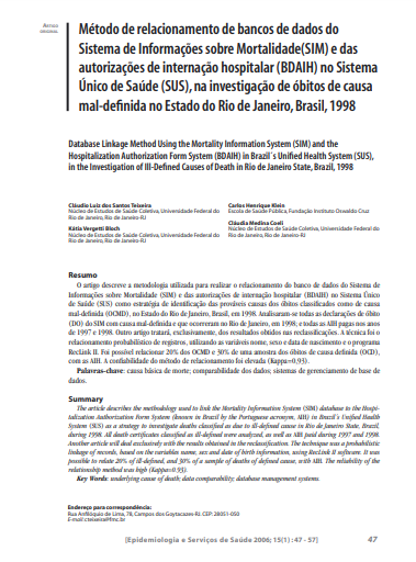 Método de relacionamento de bancos de dados do Sistema de Informações sobre Mortalidade (SIM) e das autorizações de internação hospitalar (BDAIH) no Sistema Único de Saúde (SUS), na investigação de óbitos de causa mal-definida no Estado do Rio de Janeiro, Brasil, 1998