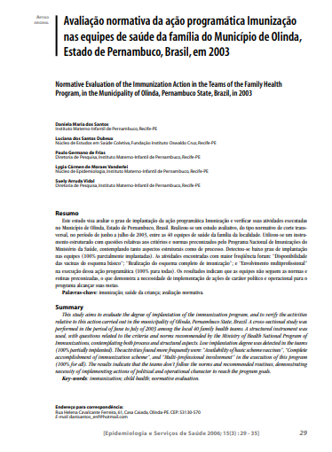 Avaliação normativa da ação programática imunização nas equipes de saúde da família do Município de Olinda, Estado de Pernambuco, Brasil, em 2003
