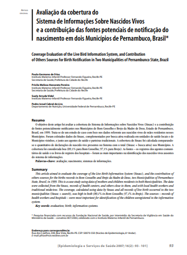 Avaliação da cobertura do Sistema de Informações Sobre Nascidos Vivos e a contribuição das fontes potenciais de notificação do nascimento em dois municípios de Pernambuco, Brasil