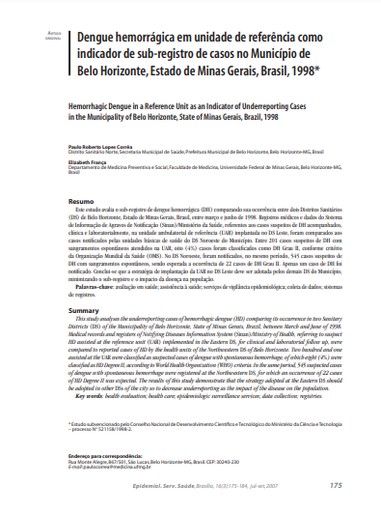 Dengue hemorrágica em unidade de referência como indicador de sub-registro de casos no Município de Belo Horizonte, Estado de Minas Gerais, Brasil, 1998